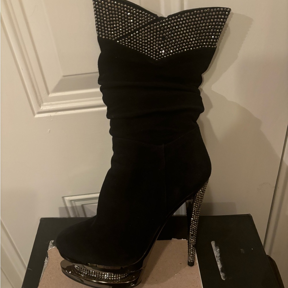 Black Stiletto Heeled Boots with Rhinestone Embellishments